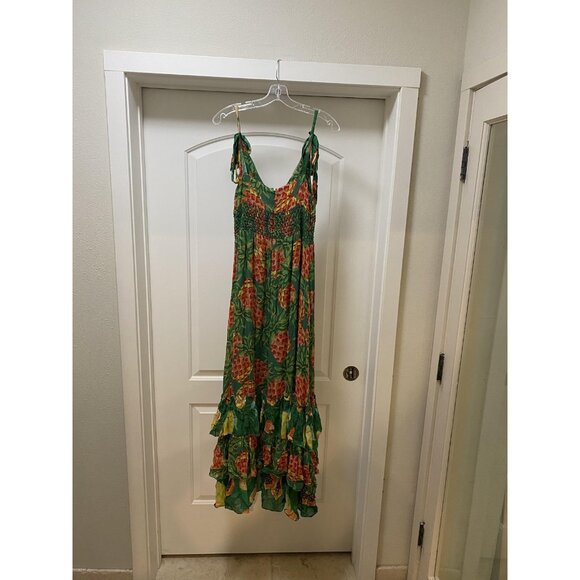 Farm Rio Pineapple Galore Dress Womens Medium Green Maxi Smocked Boho Ruffle Tie - Picture 5 of 5